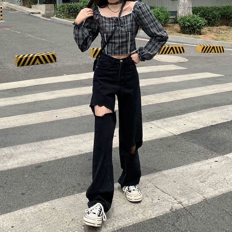 Jiashucheng Quần Jean Dài Lưng Cao Dáng Rộng Thời Trang Xuân Hè Hàn Quốc Cá Tính Cho Nữ