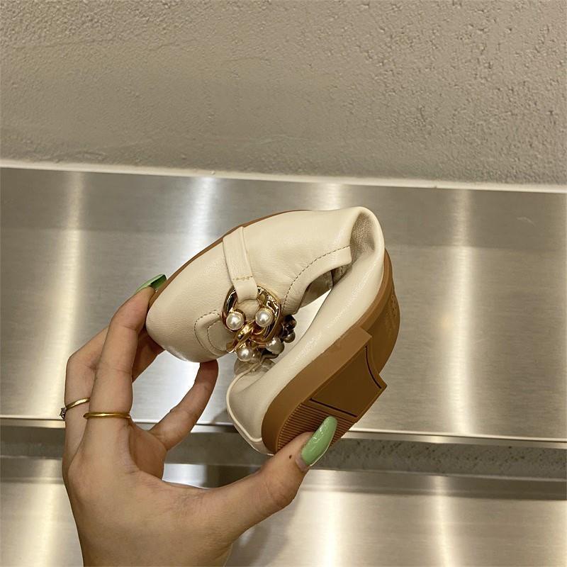 One Giày Búp Bê Da Mềm Mũi Vuông Đính Ngọc Trai Thời Trang Mùa Hè Cho Nữ