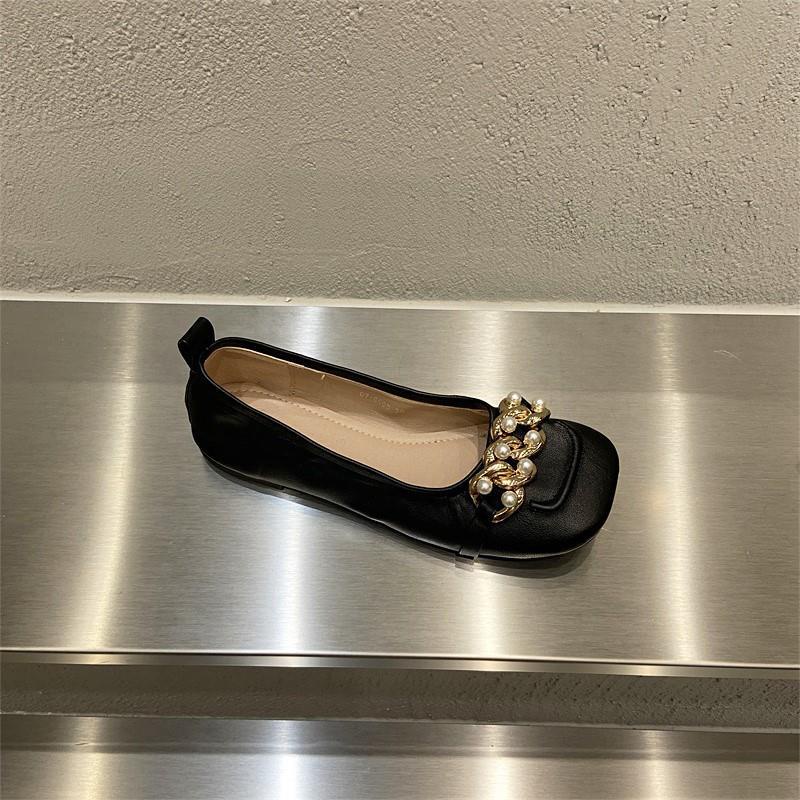 One Giày Búp Bê Da Mềm Mũi Vuông Đính Ngọc Trai Thời Trang Mùa Hè Cho Nữ