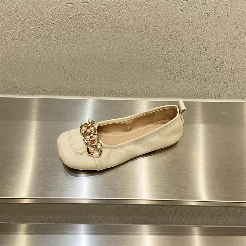 One Giày Búp Bê Da Mềm Mũi Vuông Đính Ngọc Trai Thời Trang Mùa Hè Cho Nữ