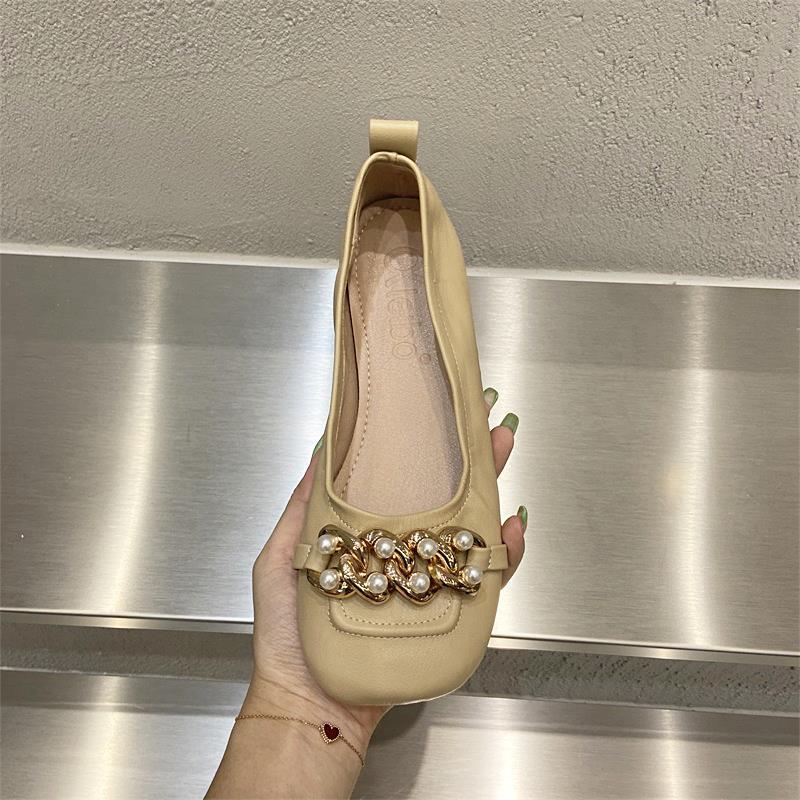 One Giày Búp Bê Da Mềm Mũi Vuông Đính Ngọc Trai Thời Trang Mùa Hè Cho Nữ