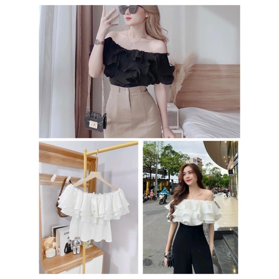 Áo Croptop Nữ Trễ Vai Viền Tầng Xếp Ly Tiểu Thư 2 Màu Siêu Hot