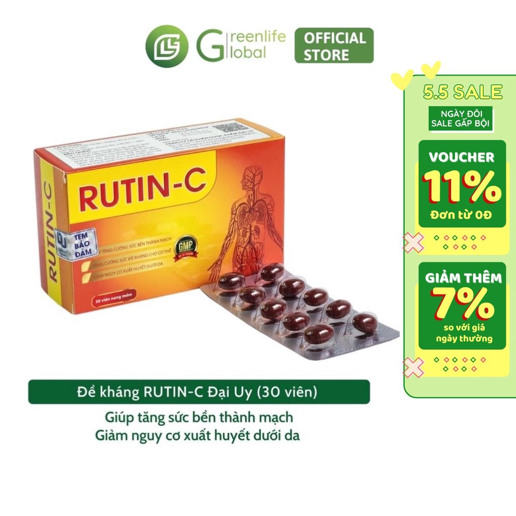 RUTIN C nang mềm chính hãng Đại Uy 30 viên - Hỗ trợ điều trị viêm loét miệng, chảy máu cam, xuất huyết dưới da