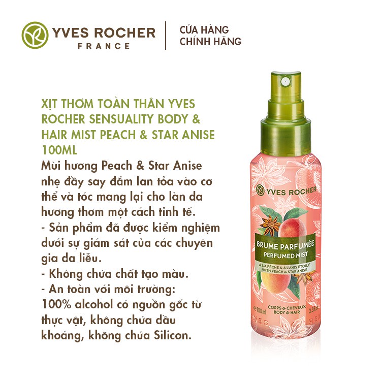 Xịt Thơm Toàn Thân Yves Rocher Sensuality Body & Hair Mist Peach & Star Anise 100ml