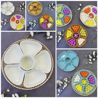 Set hoa mặt trời để ban thần tài kèm khay mây, ban thờ gia tiên nhỏ, set bát đĩa hoa mặt trời nhỏ, set bát đĩa Bát Tràng