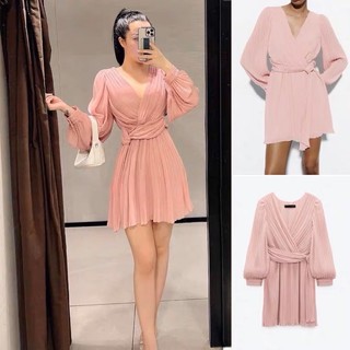 VÁY HỒNG CỔ V VẢI XẾP LI ZARA XUẤT XỊN