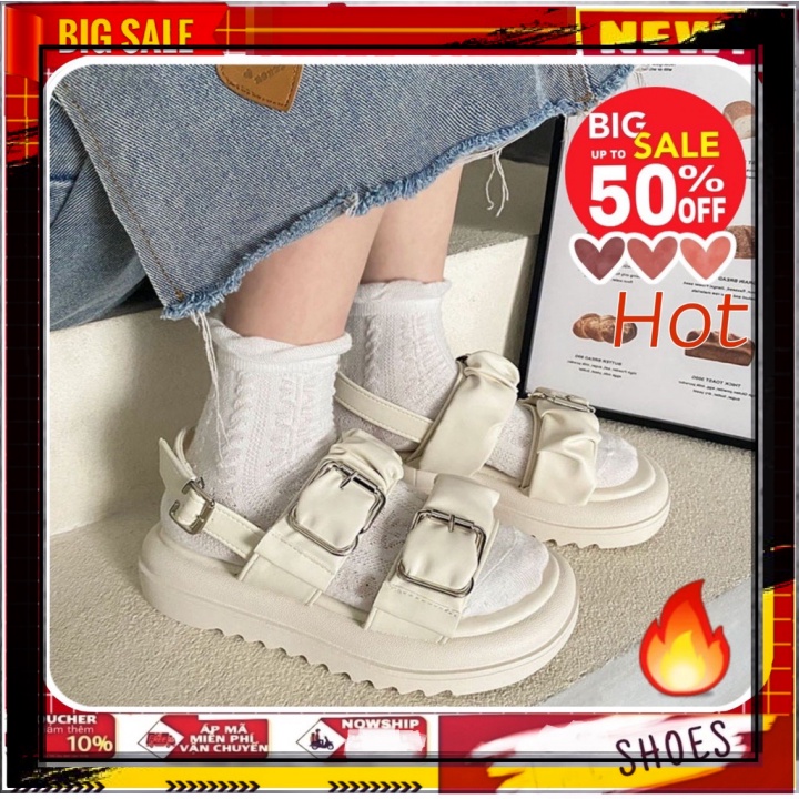 ♥ SHOES ♥ Giày sandal nữ quai ngang bèo nhúm khuy cài đế cao 4p xinh đơn giản mix nhẹ nhàng/cá tính đẹp đi chơi học dễ p