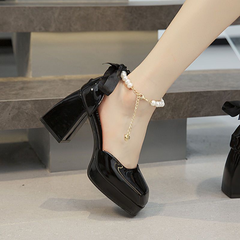 Giày cao gót Bow thô gót 42 cộng với kích thước Mary Jane giày nữ