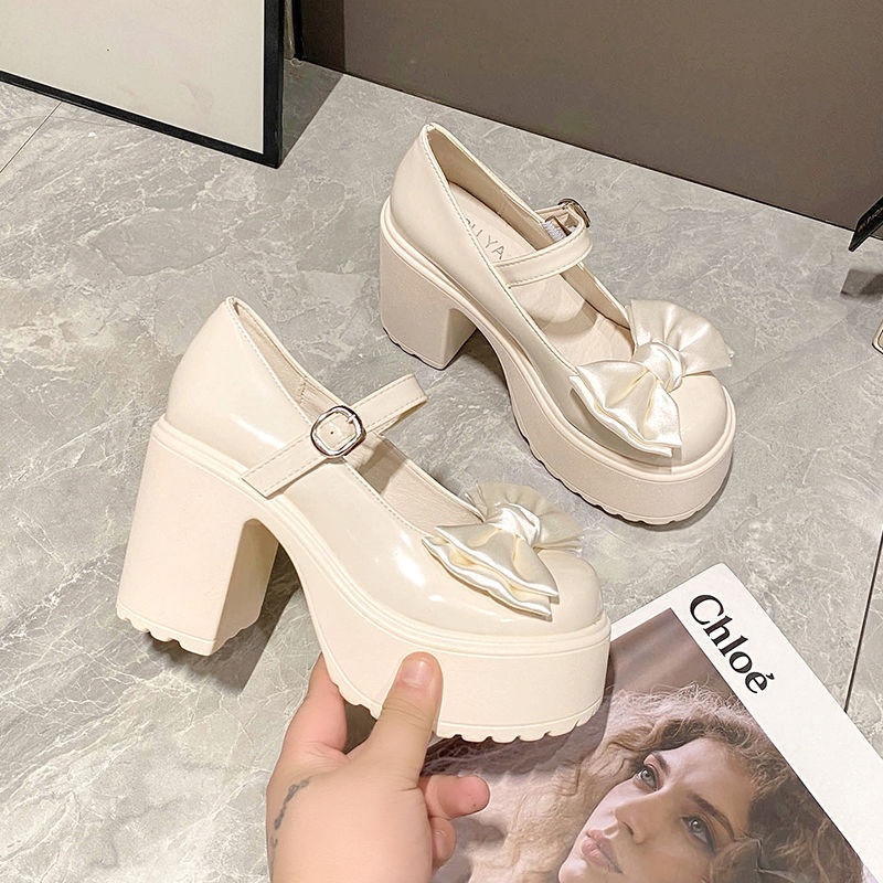 Giày cao gót gót giày cao gót Mary Jane Bowknot JK giày da nhỏ