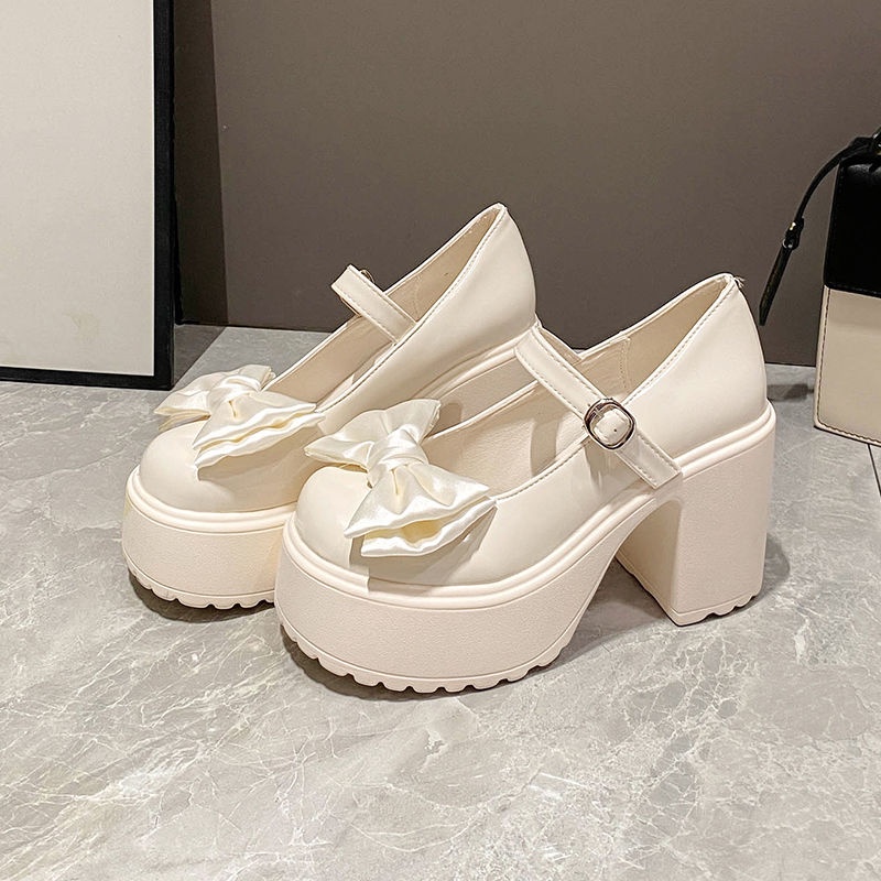 Giày cao gót gót giày cao gót Mary Jane Bowknot JK giày da nhỏ