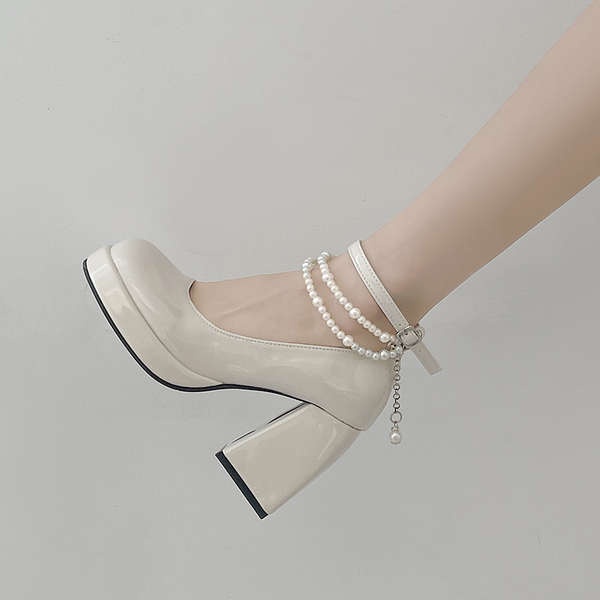 Giày cao gót Phụ nữ da đen Thô gót Lolita Mary Jane Giày