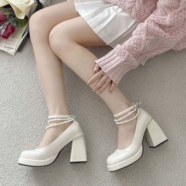 Giày cao gót Phụ nữ da đen Thô gót Lolita Mary Jane Giày