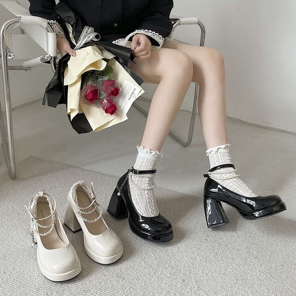Giày cao gót Phụ nữ da đen Thô gót Lolita Mary Jane Giày