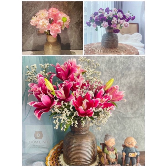 Bình cắm hoa Túi tròn, bình dáng đầm cổ rộng, bình cắm hoa men mộc Bát Tràng, dáng túi tròn dễ cắm các loại hoa xinh xắn