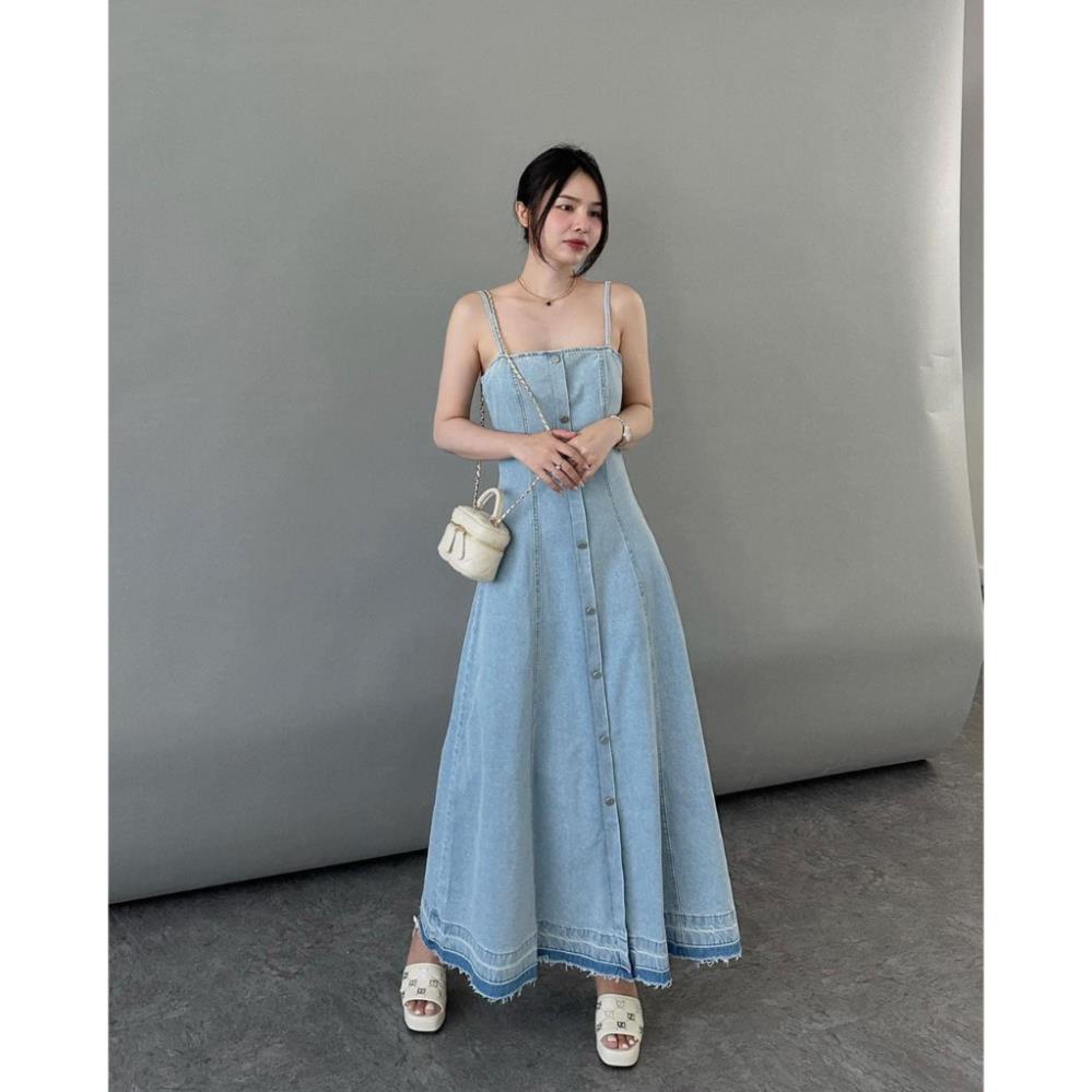 Đầm midi jean ngực ống 2 dây nút