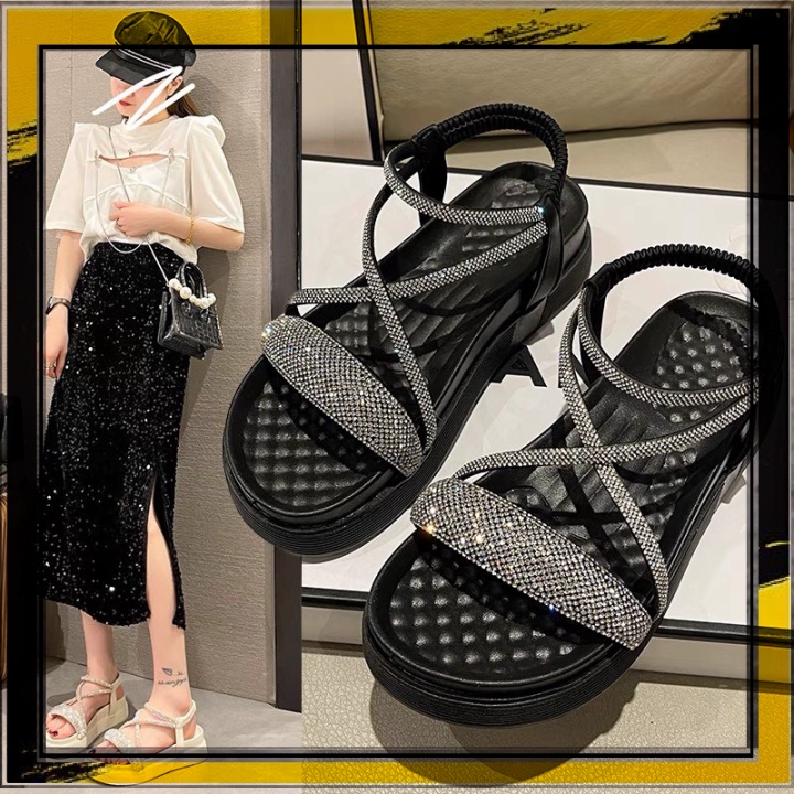 ♥ SHOES ♥ Giày sandal nữ quai ngang SD CƯỜM đính đá bản to hàng QC đế cao 4p 2 màu đen/kem mẫu mới hot trend xinh rẻ đẹp