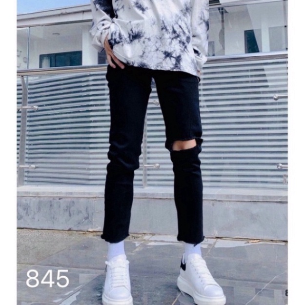 Quần Jean Dài Nam màu đen Rách 2 Gối tư thế make up Cao Cấp, From Dáng Skinny a256 a32 a58 | BigBuy360 - bigbuy360.vn
