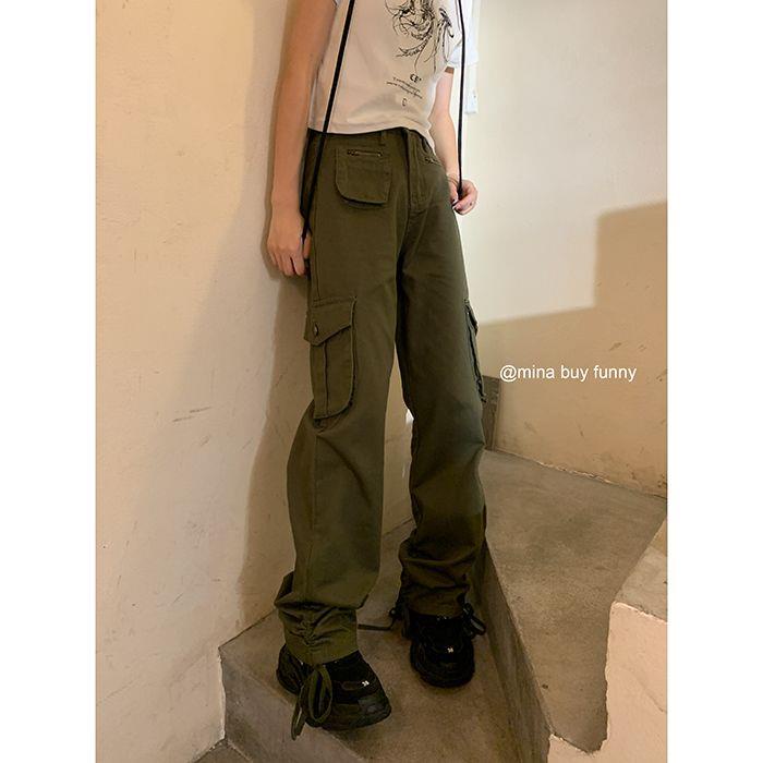 Quần Yếm Jean Ống Rộng Lưng Cao Phối Dây Rút Phong Cách Retro Mỹ Thời Trang Mùa Xuân Mới Cho Nữ