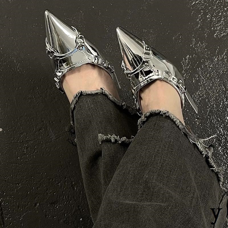 Giày Cao Gót Da Bóng Đính Đinh Tán Mũi Nhọn Thời Trang Mới 2023 Cho Nữ