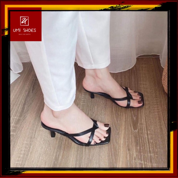 ♥ SHOES ♥ Guốc cao gót 7cm kiểu quai mảnh kẹp xỏ ngón xinh mẫu mới đơn giản mũi vuông gót nhọn màu đen/trắng đẹp siêu r