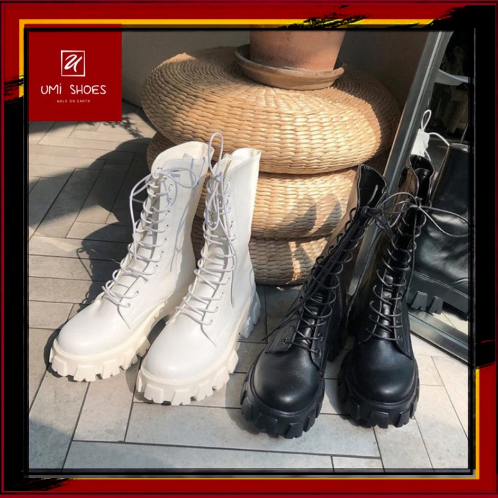 ♥ SHOES ♥ Bốt ulzzang cao cổ 20cm buộc dây kéo khóa đế cao to bự răng cưa 5.5cm màu đen/trắng cá tính đẹp mới xinh hot