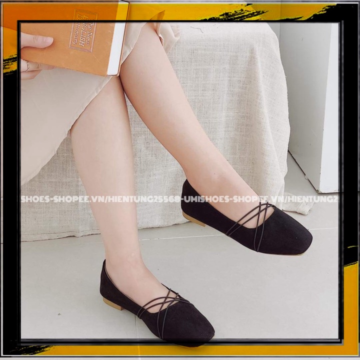 SHOES Giày bệt nữ búp bê xinh mũi vuông đơn giản da mềm đế bằng quai chéo cài đi làm đi học đi chơi màu đen đẹp siêu