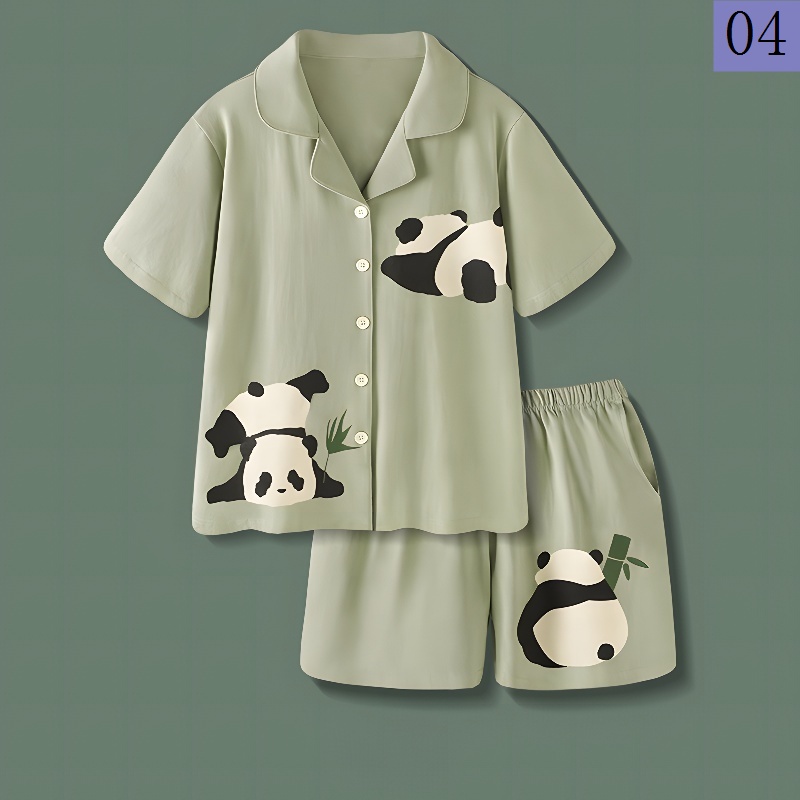 Bộ Đồ Ngủ Cotton Tay Ngắn Dáng Rộng In Hình Gấu Trúc Thời Trang Mùa Hè Xinh Xắn Cho Nữ