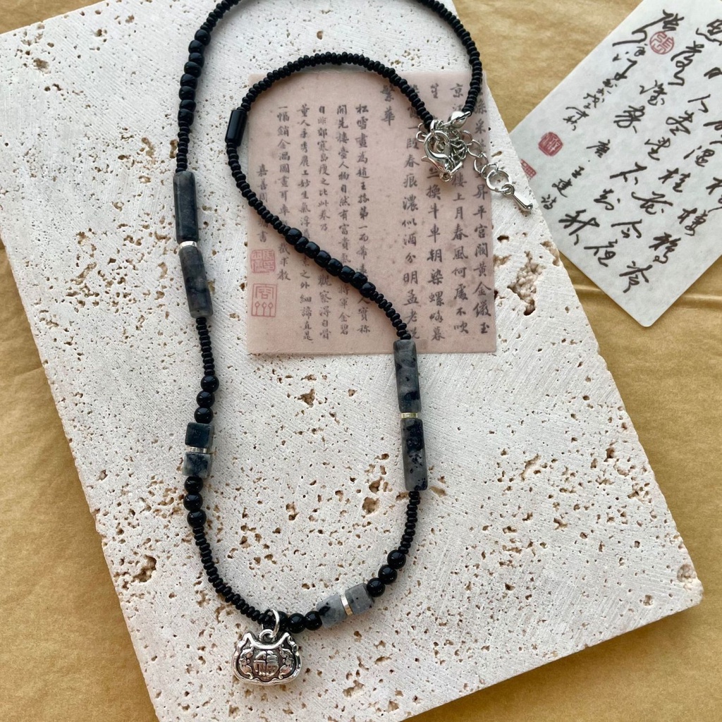 Vòng cổ Mặt Ổ Khóa An Toàn Bằng Đá Tự Nhiên Phong Cách Trung Hoa Mới