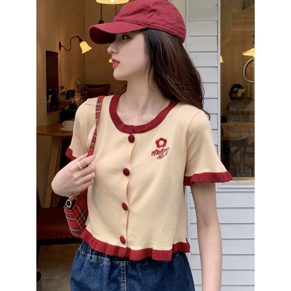 Jiashucheng Áo Thun Cardigan Mỏng Thêu Họa Tiết Màu Sắc Tương Phản Thời Trang Mùa Hè Cho Nữ