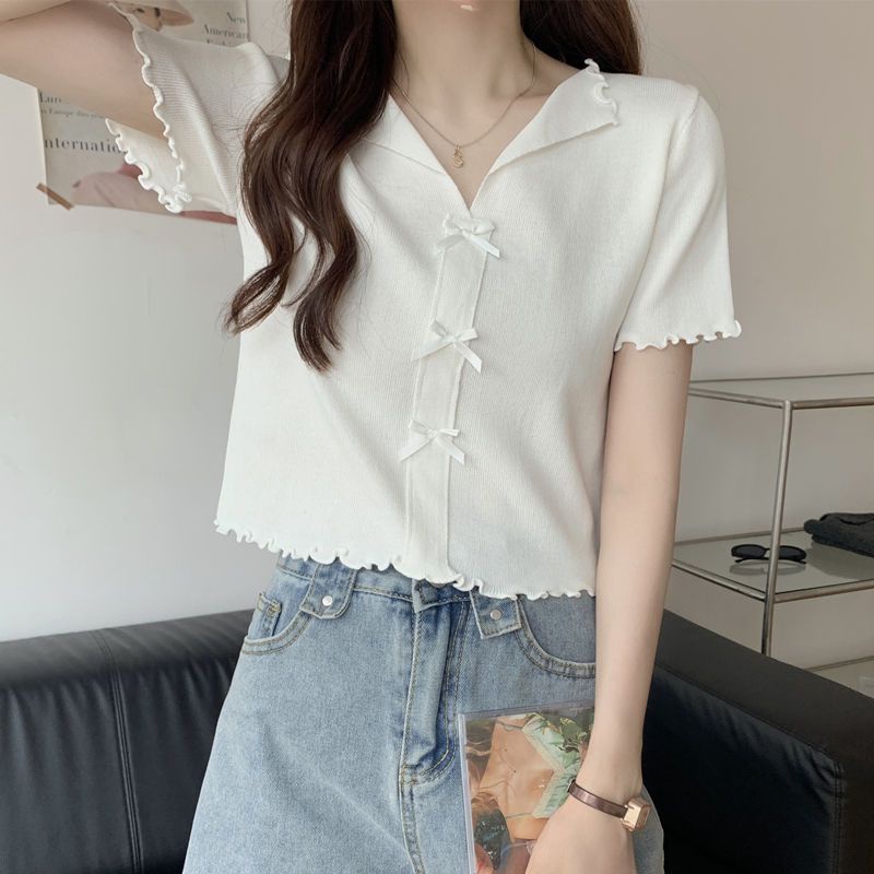 Jiashucheng Áo Thun Tay Ngắn Cổ Chữ v Vải Lụa Lạnh Mỏng Thời Trang Mùa Hè 2023 Phong Cách Mới Cho Nữ