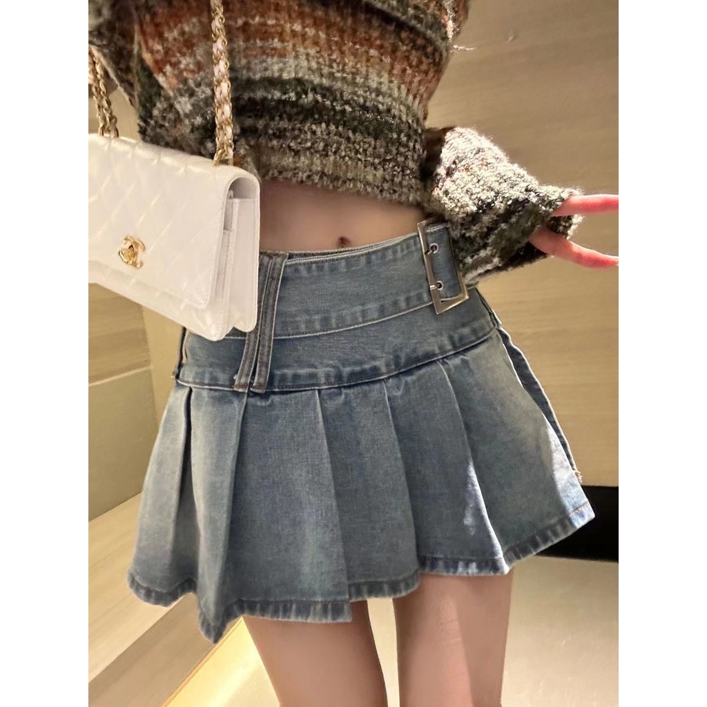 Jiashucheng Chân Váy Denim Chữ A Lưng Cao Xếp Ly Thời Trang Mùa Hè Hàng Mới Dành Cho Bạn Nữ