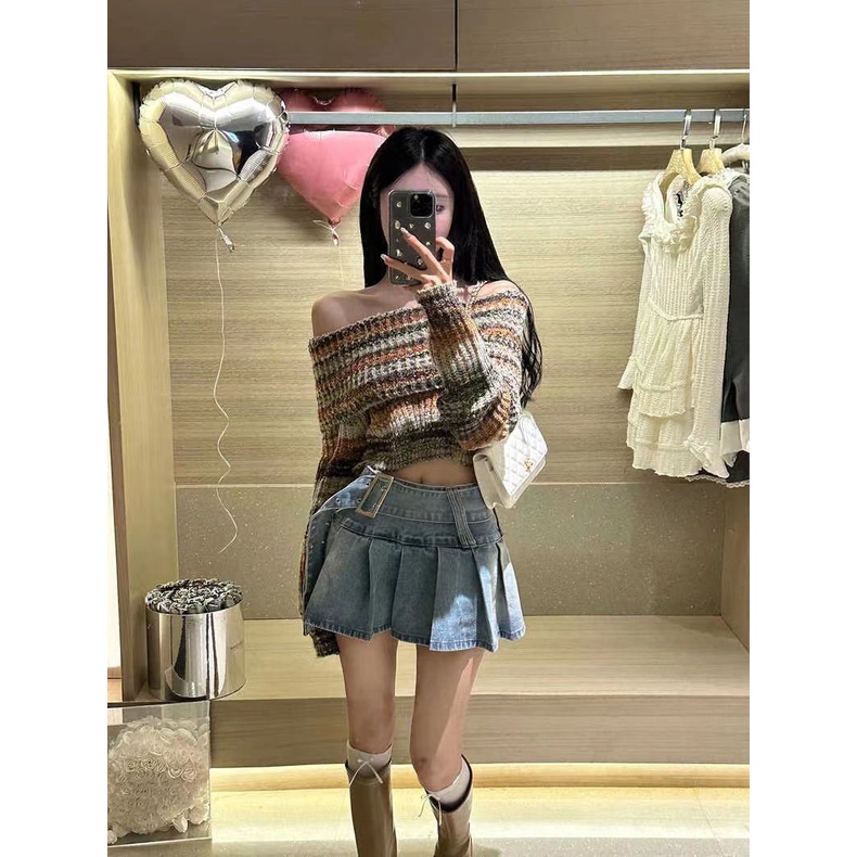 Jiashucheng Chân Váy Denim Chữ A Lưng Cao Xếp Ly Thời Trang Mùa Hè Hàng Mới Dành Cho Bạn Nữ