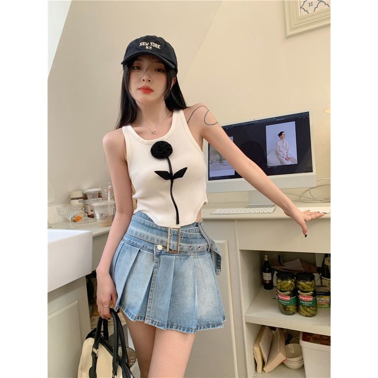 Jiashucheng Chân Váy Denim Xếp Ly Lưng Cao Cỡ Lớn Phong Cách Mới Ngọt Ngào Mùa Hè Cho Nữ