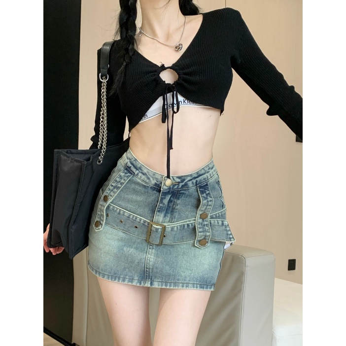 Jiashucheng Chân Váy Denim Lưng Cao Dáng Ôm Phong Cách Retro Thời Trang Mùa Hè Hàng Mới Dành Cho Bạn Nữ