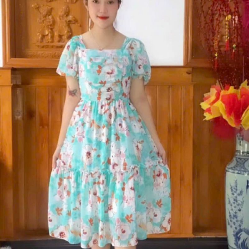 VÁY HOA VOAN CỔ VUÔNG TAY PHỒNG