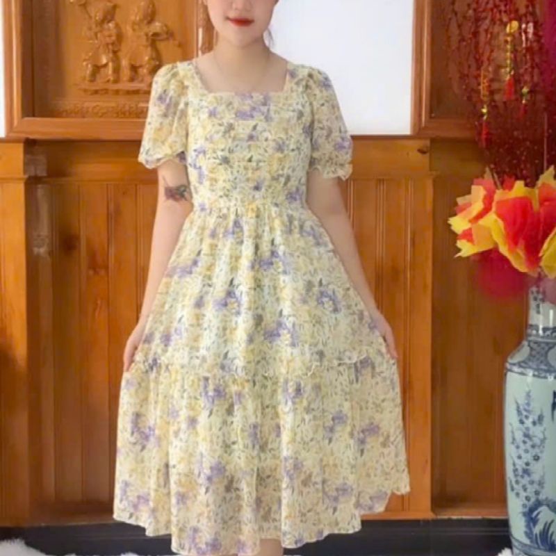 VÁY HOA VOAN CỔ VUÔNG TAY PHỒNG