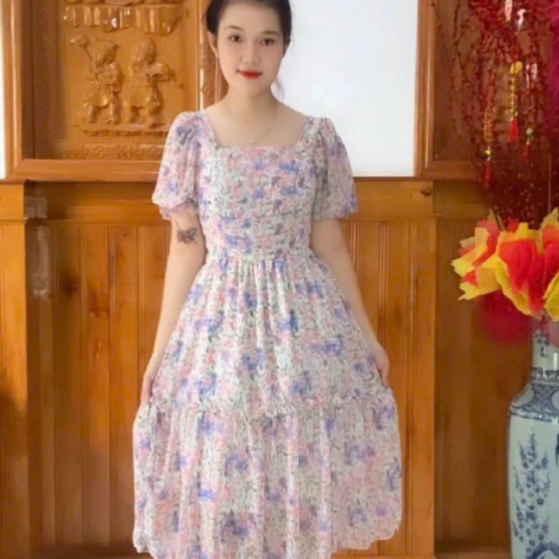 VÁY HOA VOAN CỔ VUÔNG TAY PHỒNG