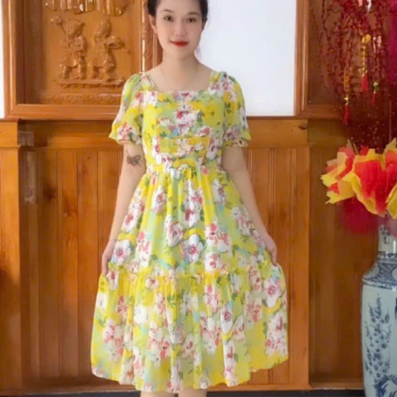 VÁY HOA VOAN CỔ VUÔNG TAY PHỒNG