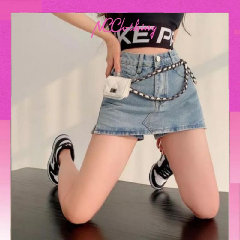 Chân váy jeans chữ A lưng cao, Short giả váy có lót trong cạp cao