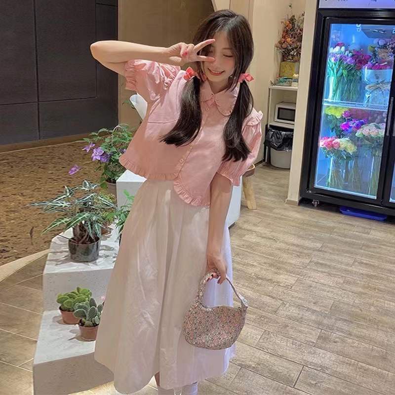 Áo Sơ Mi Cổ Búp Bê Lưng Cao Phối Bèo Ngọt Ngào Thời Trang Mùa Hè Cho Nữ