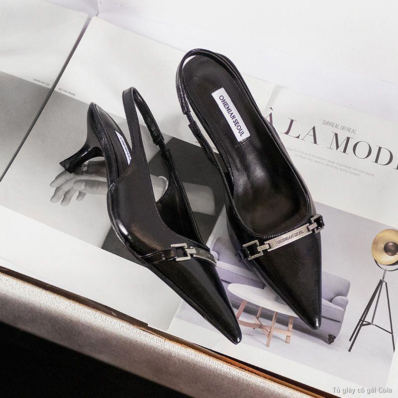 🌺Thời Trang Giày Cao Gót Mũi Nhọn Gót Mèo Bao Đầu Giày Đơn Dây Khóa Xăng Đan Đế Giày Nữ