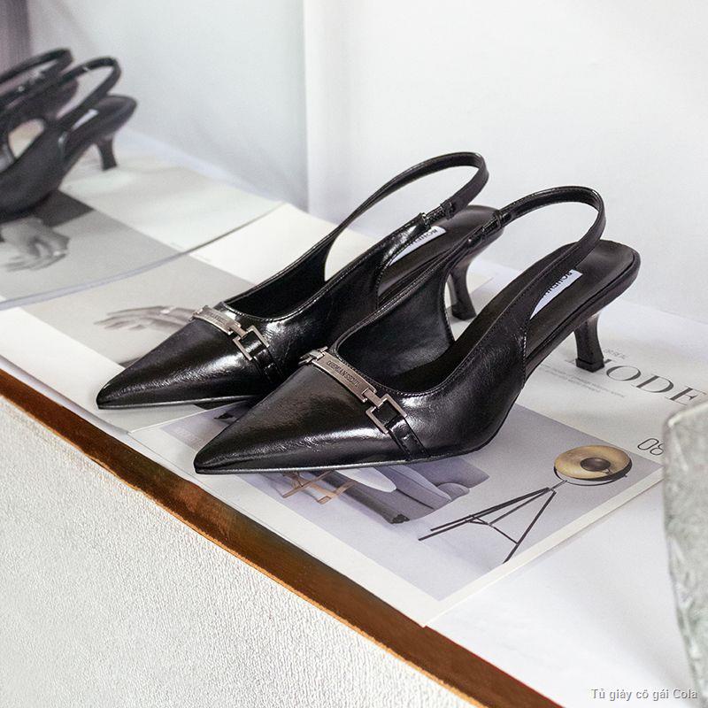 🌺Thời Trang Giày Cao Gót Mũi Nhọn Gót Mèo Bao Đầu Giày Đơn Dây Khóa Xăng Đan Đế Giày Nữ