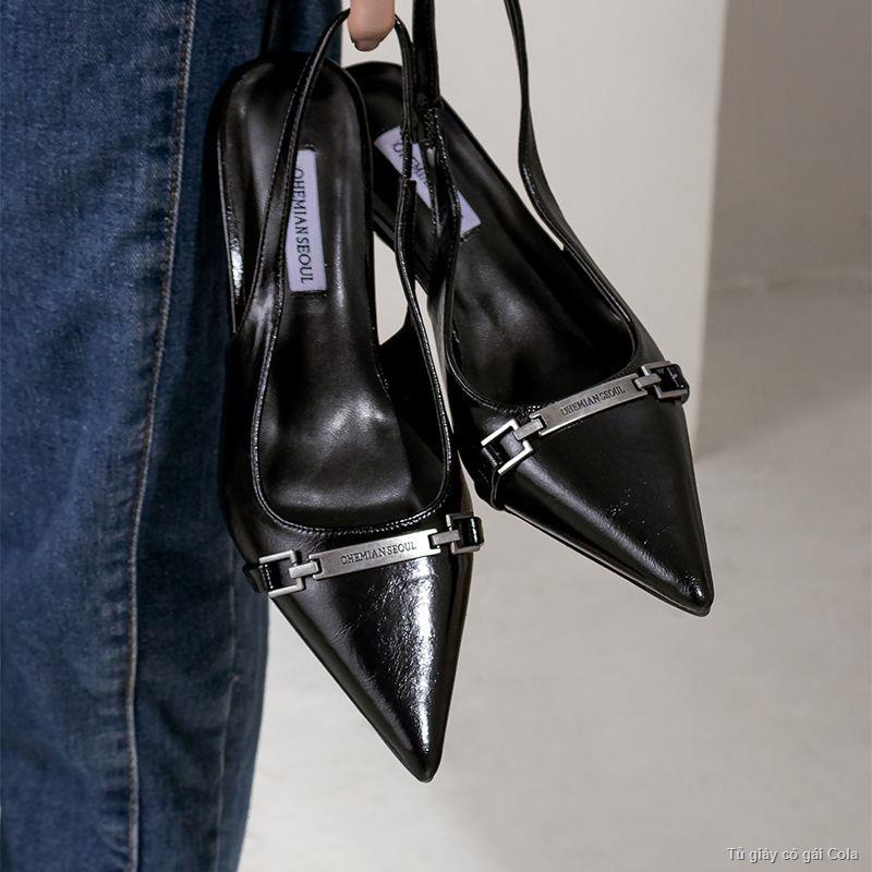 🌺Thời Trang Giày Cao Gót Mũi Nhọn Gót Mèo Bao Đầu Giày Đơn Dây Khóa Xăng Đan Đế Giày Nữ