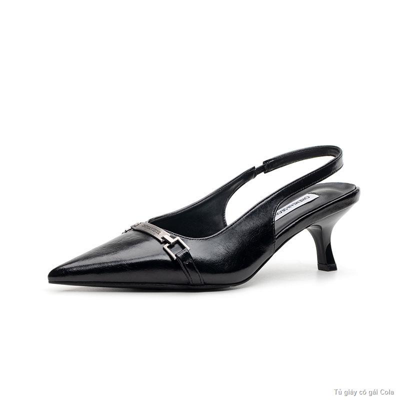 🌺Thời Trang Giày Cao Gót Mũi Nhọn Gót Mèo Bao Đầu Giày Đơn Dây Khóa Xăng Đan Đế Giày Nữ