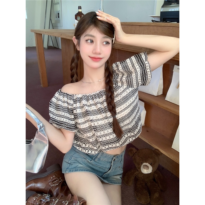 Lalisas Áo Sơ Mi Ngắn Tay Phồng Trễ Vai Phong Cách Hàn Quốc Ngọt Ngào Dành Cho Nữ