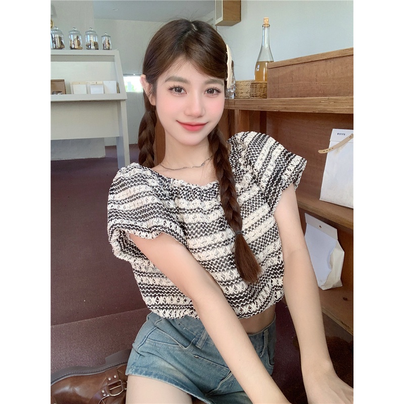 Lalisas Áo Sơ Mi Ngắn Tay Phồng Trễ Vai Phong Cách Hàn Quốc Ngọt Ngào Dành Cho Nữ