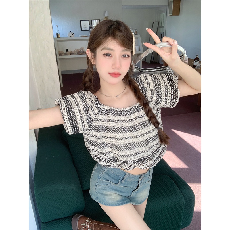 Lalisas Áo Sơ Mi Ngắn Tay Phồng Trễ Vai Phong Cách Hàn Quốc Ngọt Ngào Dành Cho Nữ