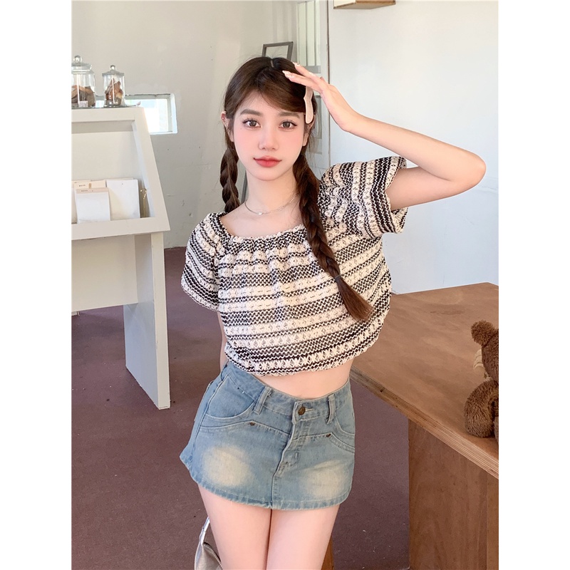 Lalisas Áo Sơ Mi Ngắn Tay Phồng Trễ Vai Phong Cách Hàn Quốc Ngọt Ngào Dành Cho Nữ