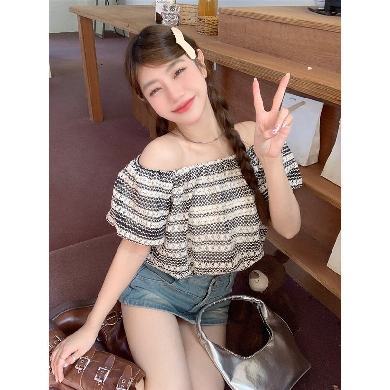 Lalisas Áo Sơ Mi Ngắn Tay Phồng Trễ Vai Phong Cách Hàn Quốc Ngọt Ngào Dành Cho Nữ