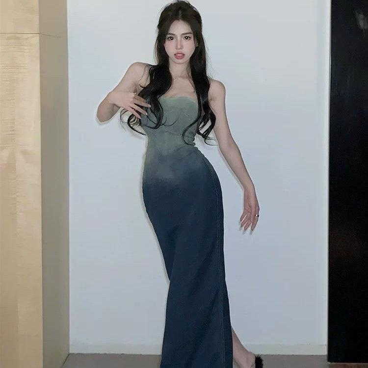 M448 - Đầm jean denim dáng dài ôm xè tà lưng, váy denim body dáng dài